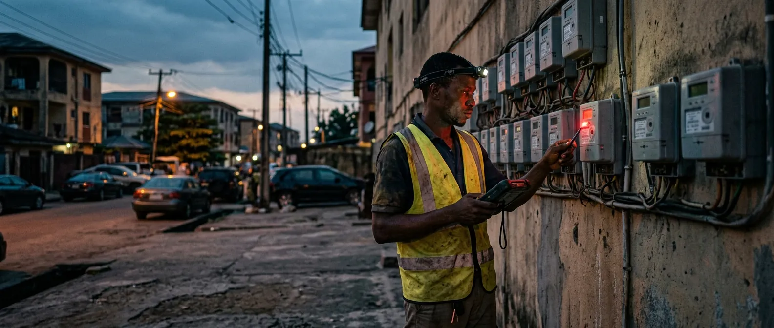 A utility technician checking a row of prepaid meters at dusk