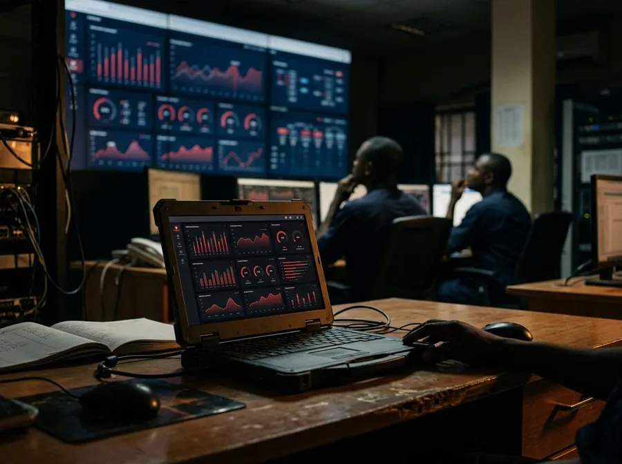 A utility control room laptop showing the Halene console