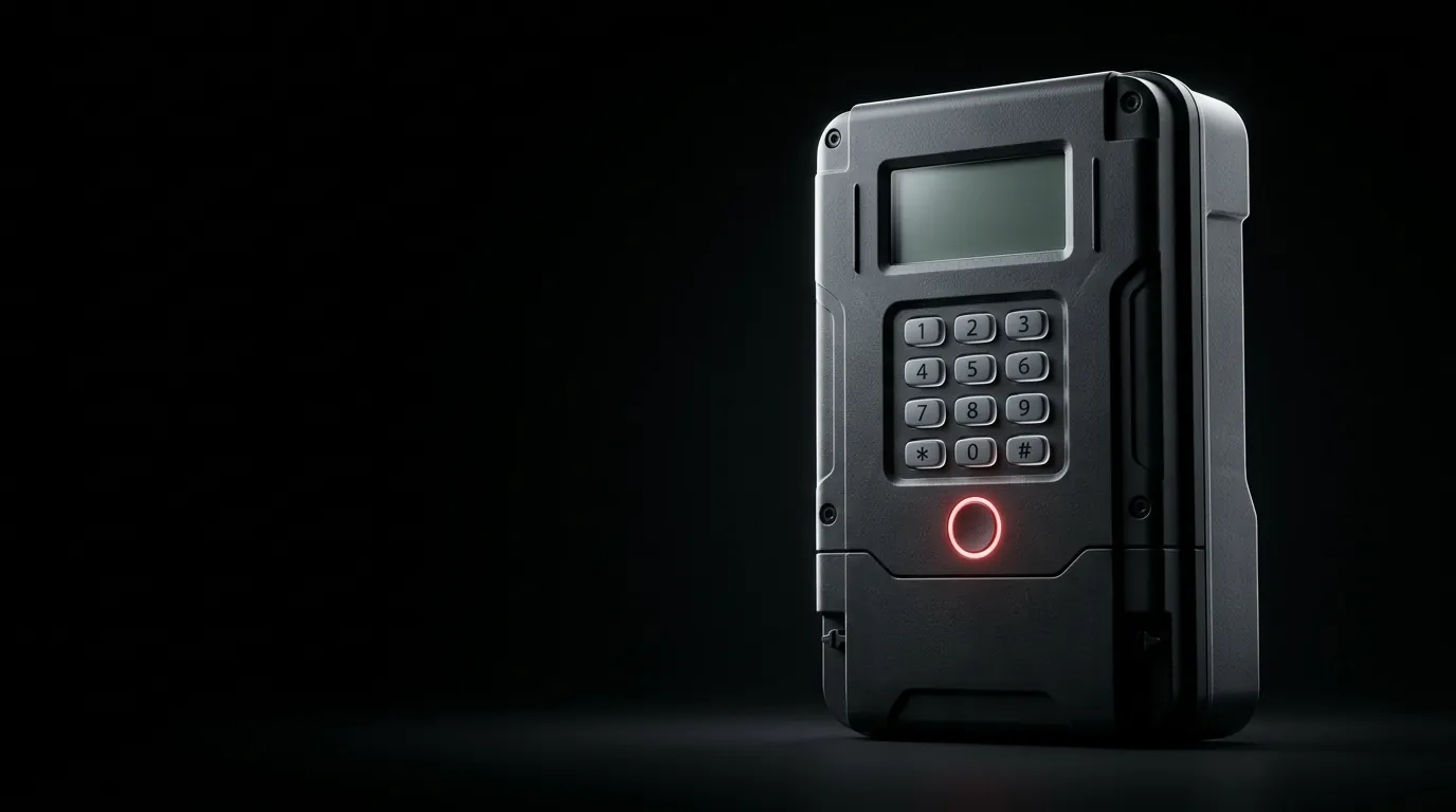 A prepaid electricity meter on black with a single red status light