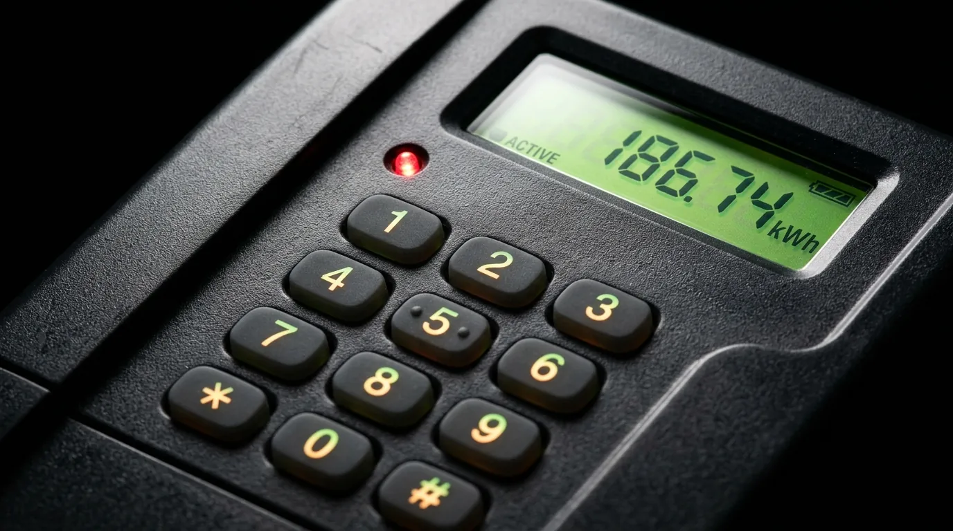 Close-up of a prepaid meter keypad and screen